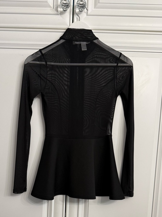 Revamped Size Small Black Mesh Zip Front Sheer Long Sleeves Flared Peplum Waist - Picture 6 of 12